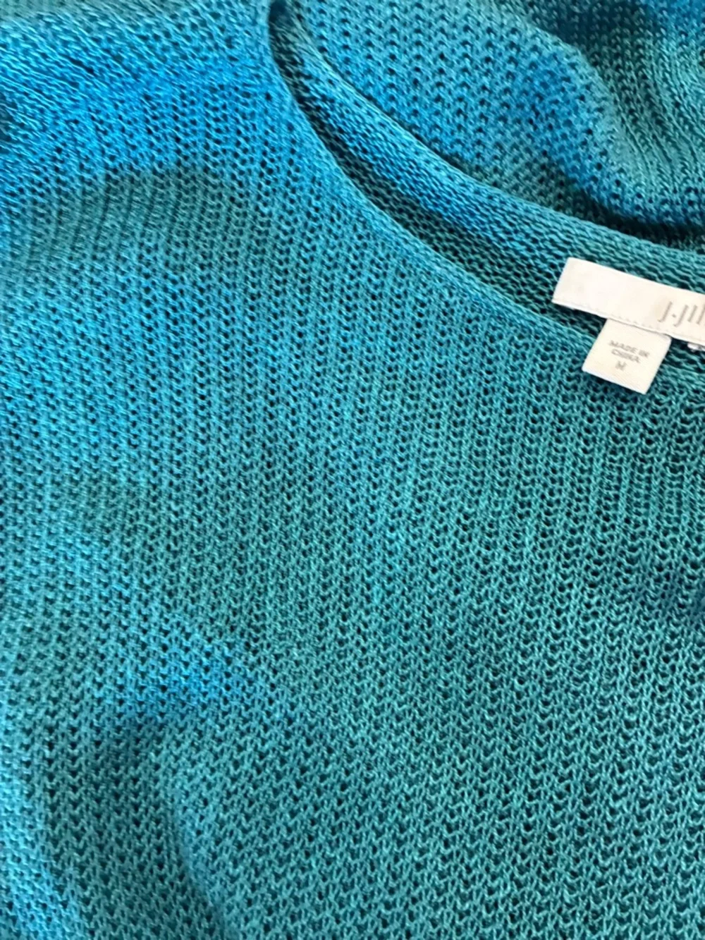 J. Jill Linen Blend Tunic Sweater Aqua Blue Open Knit Beachy Artsy M